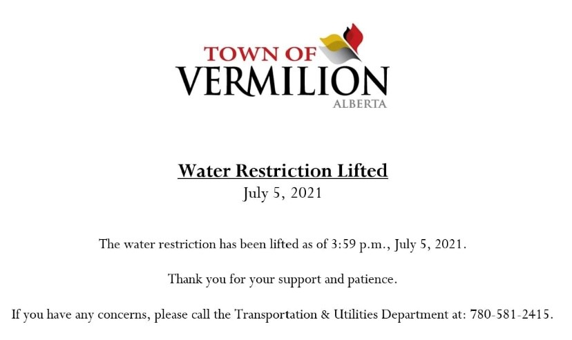 ACE Water Restriction Lifted